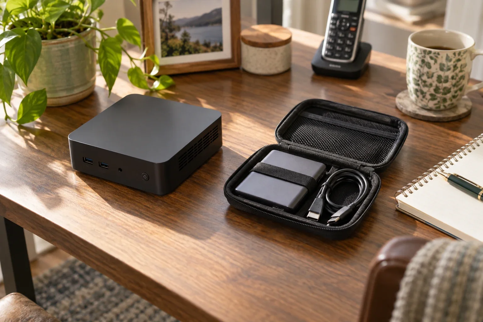 A small home computer and a separate backup drive in its protective case on a wooden desk.