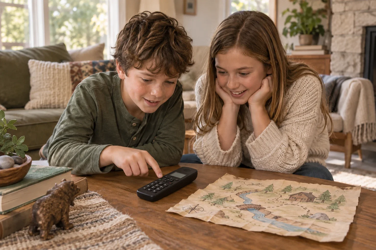 Two children consider a keypad choice beside a speakerphone and a hand-drawn adventure map.