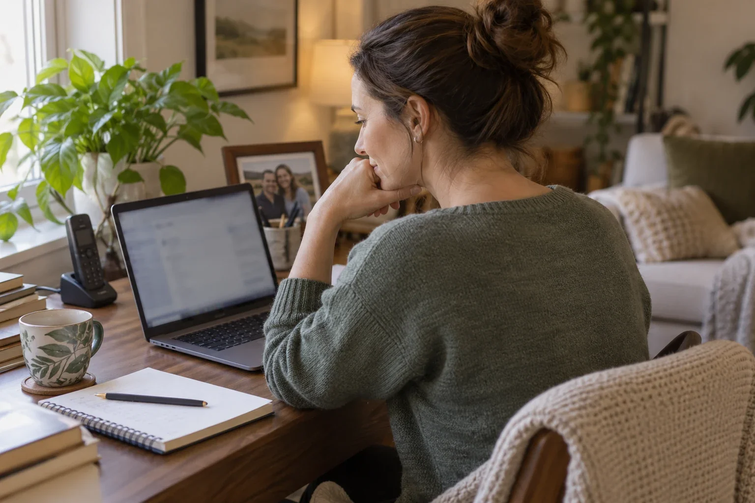 An adult reviews a laptop at a home desk beside a cordless phone.