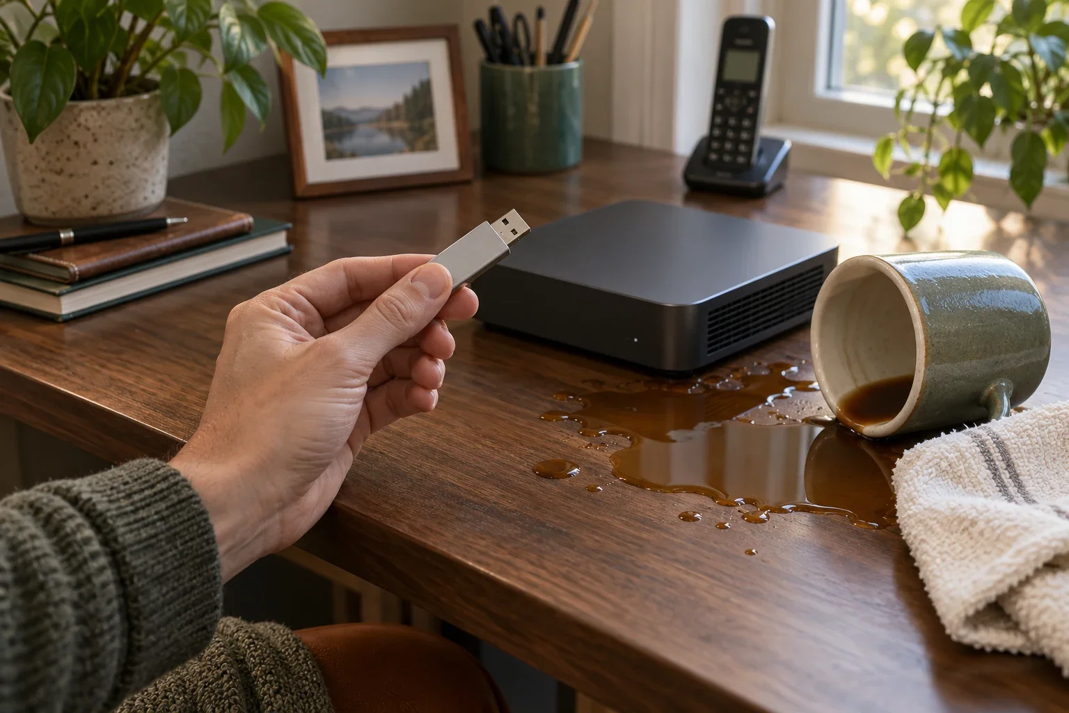 A hand holds a dry USB drive above a desk where coffee has spilled beside a small computer.