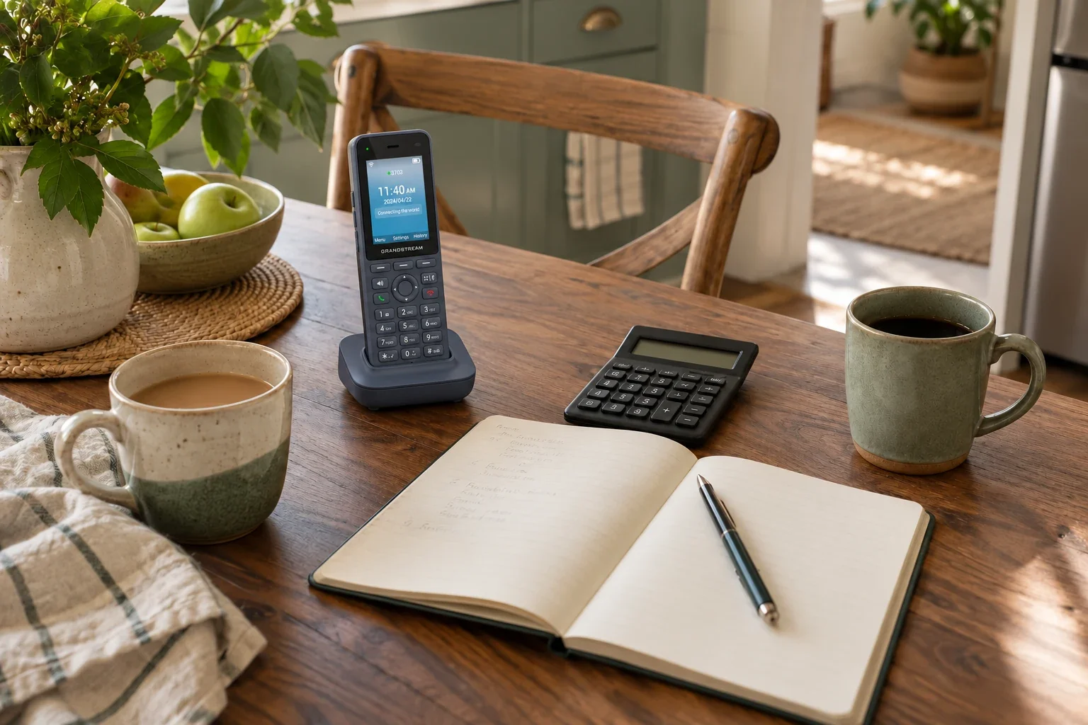 A Grandstream WP826 in its charging dock, calculator, notebook, and mugs on a kitchen table.
