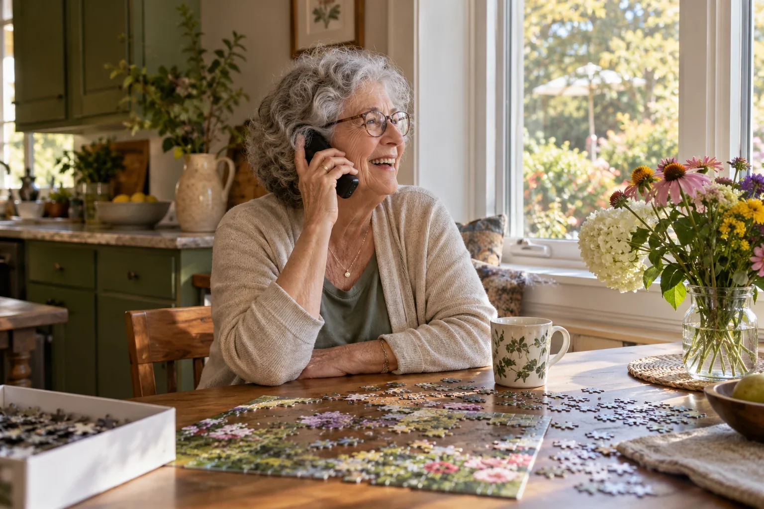 A grandmother smiles during a cordless phone call in her sunny kitchen.