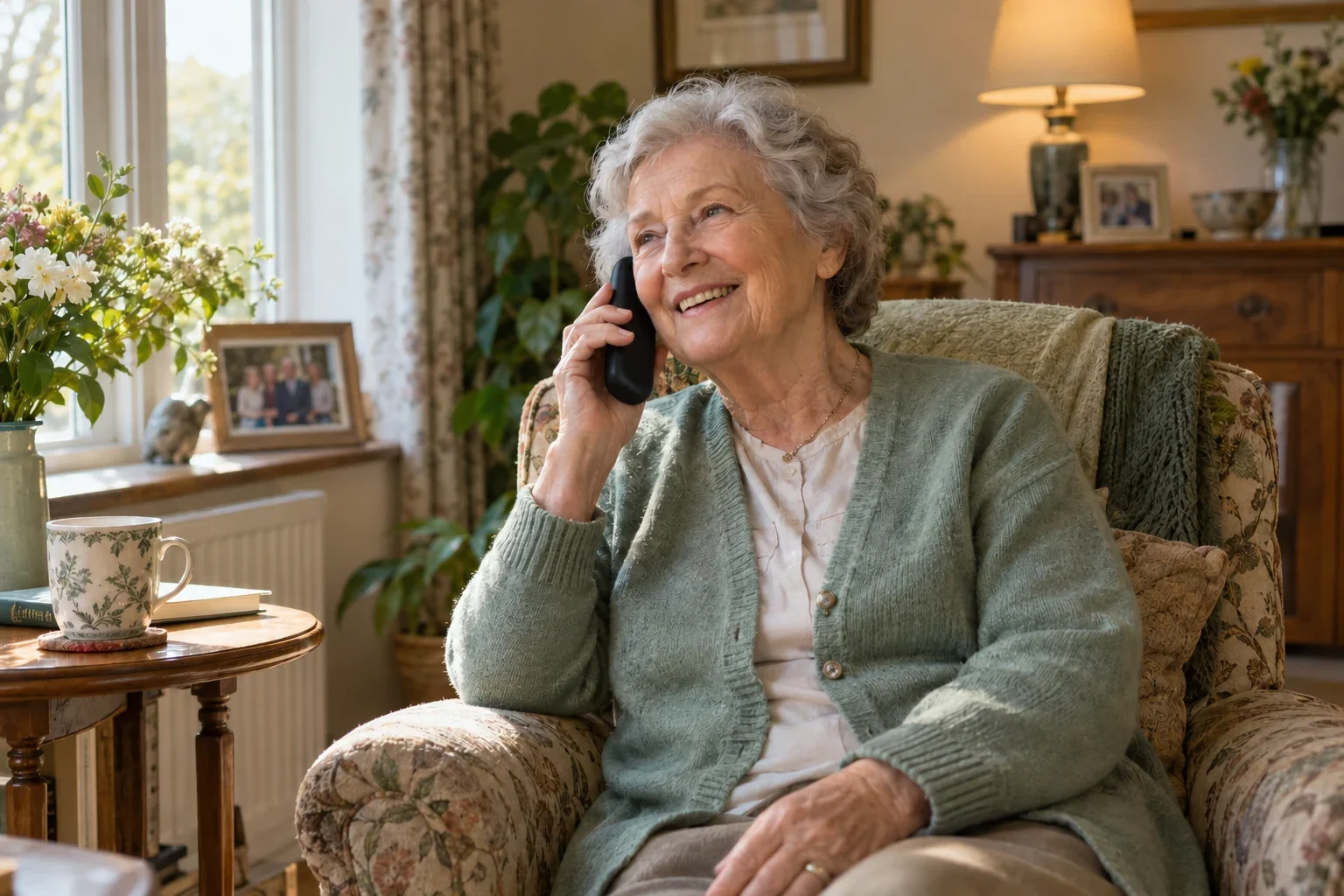 A grandmother smiles while talking on a cordless phone in her sunlit living room.