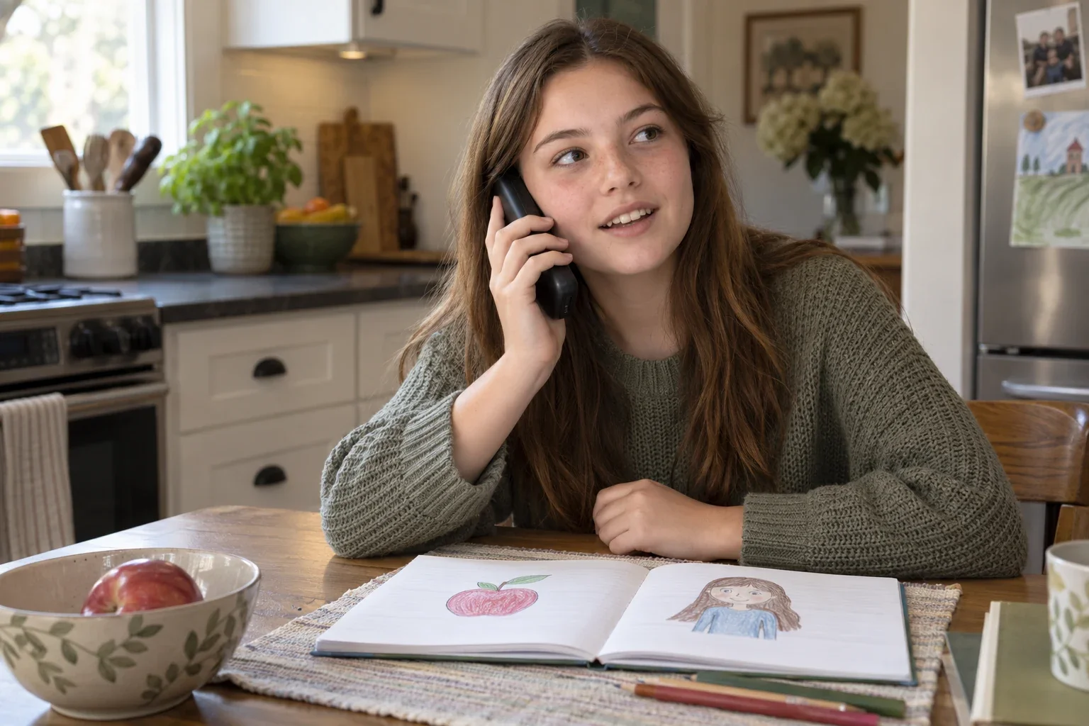 A teenager practices a phrase on a cordless phone beside an exercise notebook and an apple.