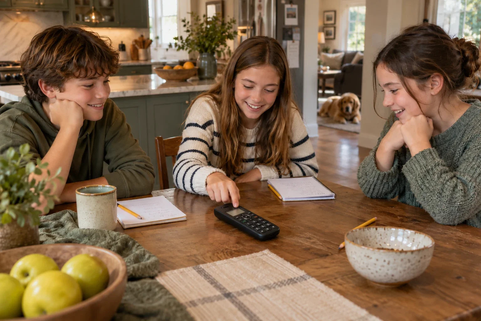 Three children laugh around a speakerphone during a friendly quiz game.