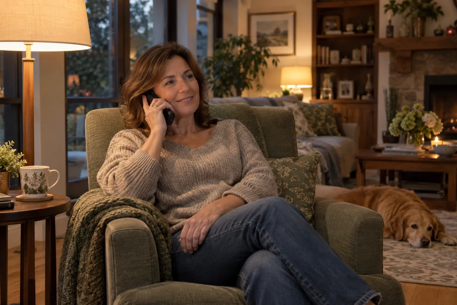 An adult talks on a cordless phone beside a glowing floor lamp.
