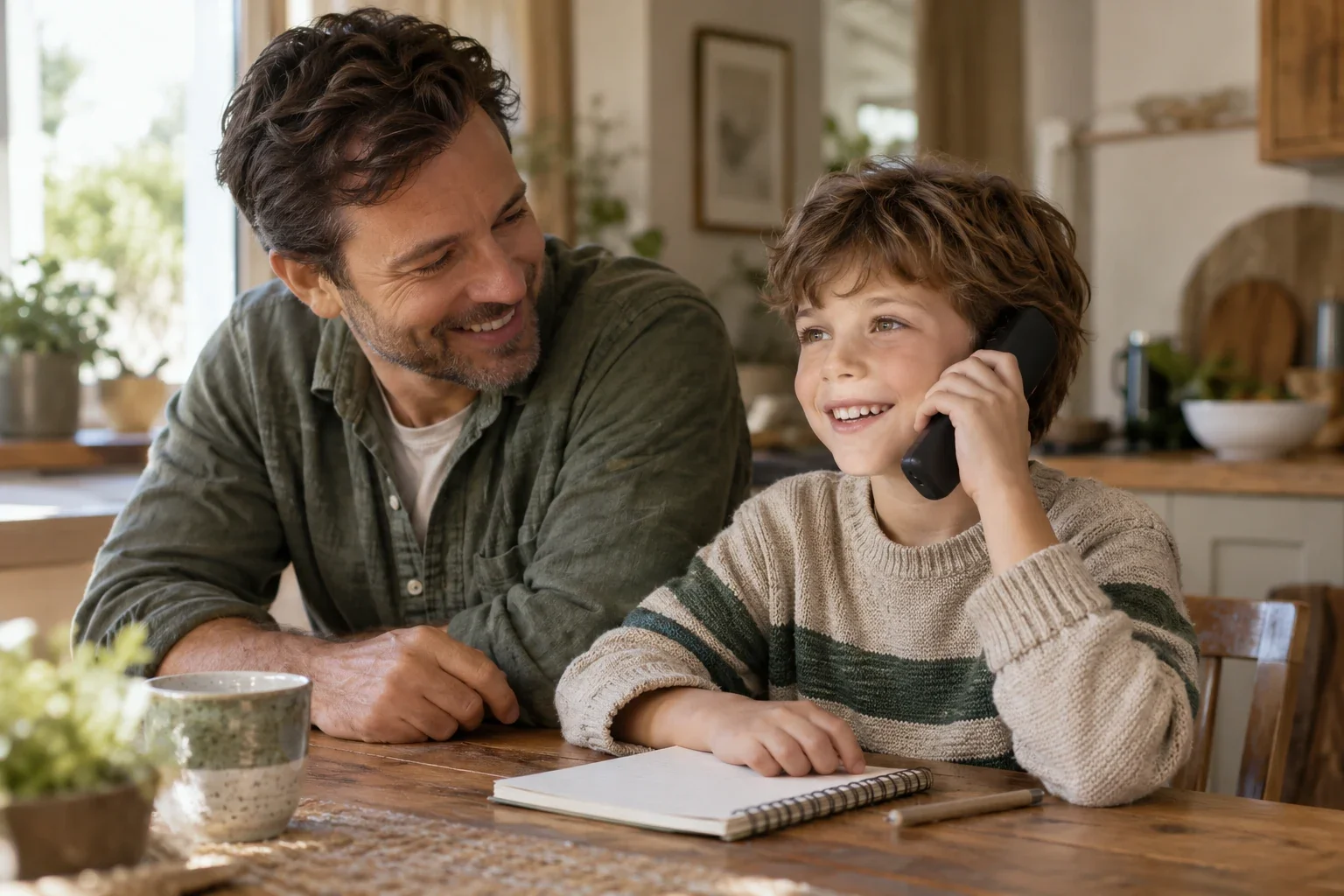 A parent helps a smiling child practice a call on a cordless home phone.