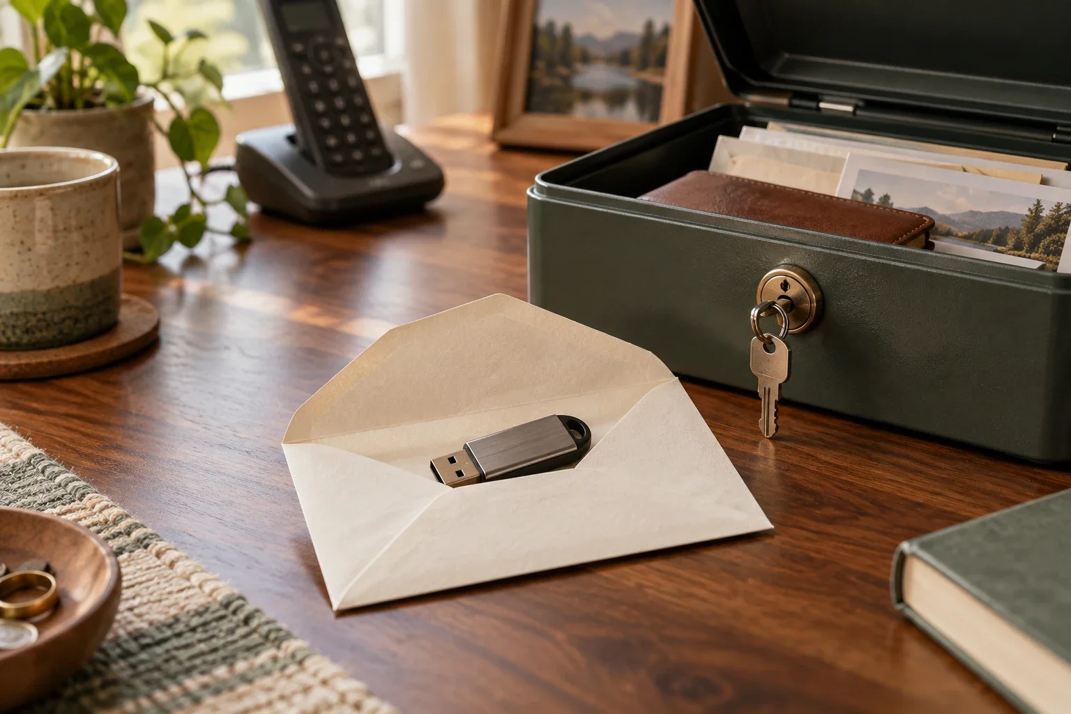A USB drive in a paper envelope beside an open document lockbox.