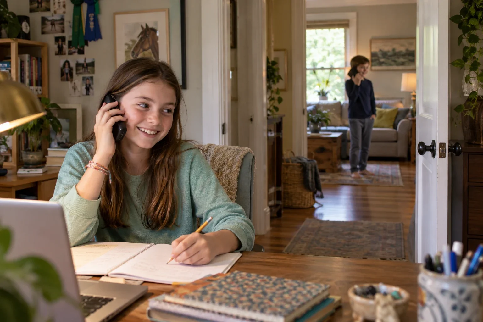Two children talk on cordless phones from separate rooms across a hallway.
