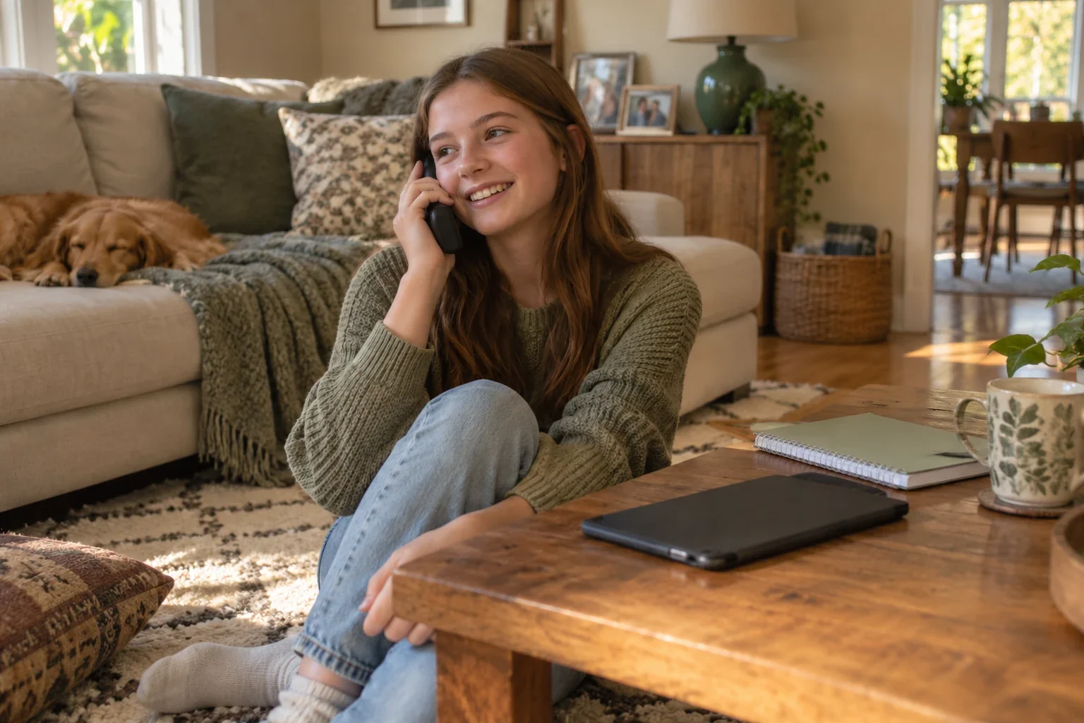 A teenager chats on a cordless phone beside a tablet resting face-down on a table.