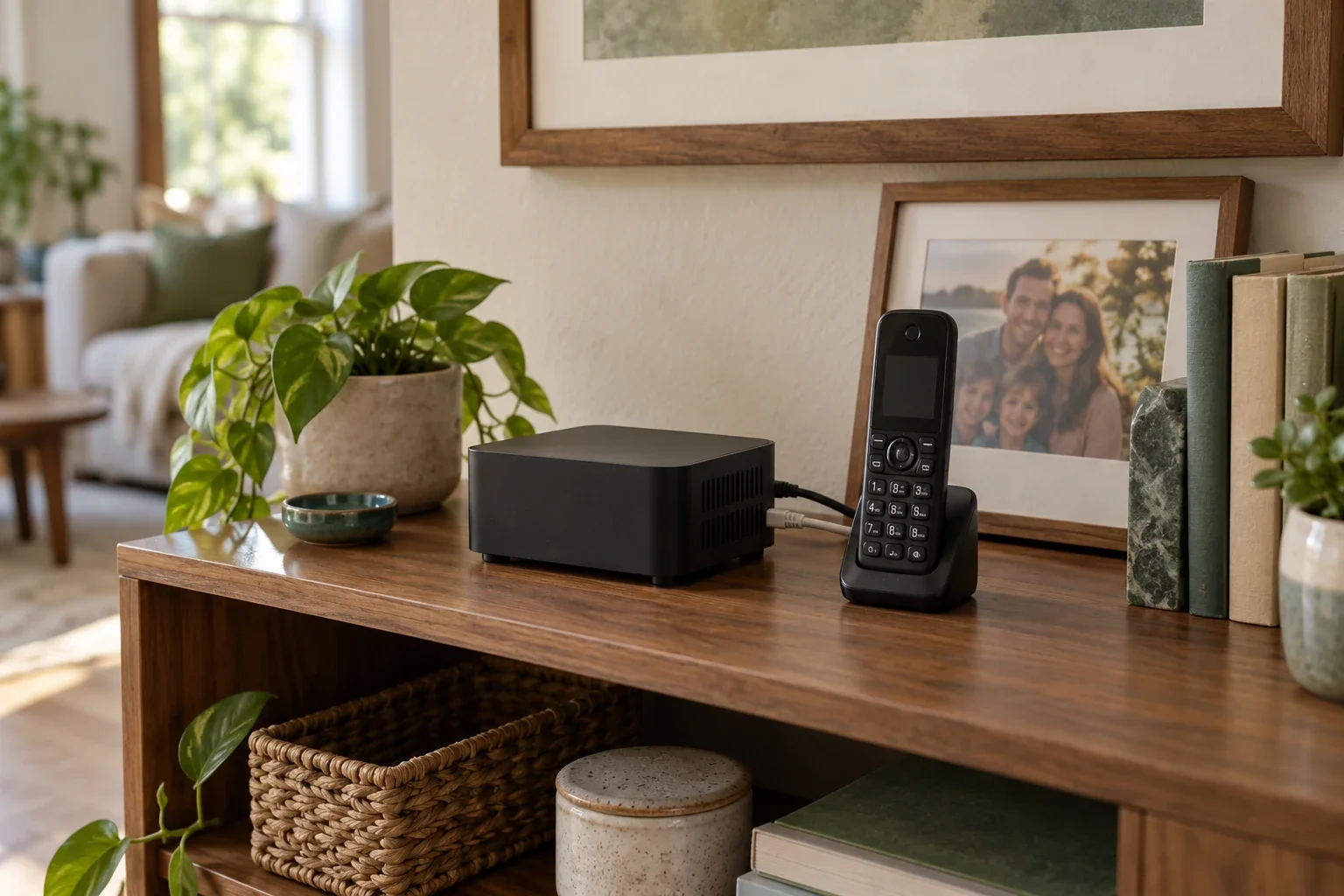 A compact home computer and cordless phone on a wooden shelf beside books and a family photograph.