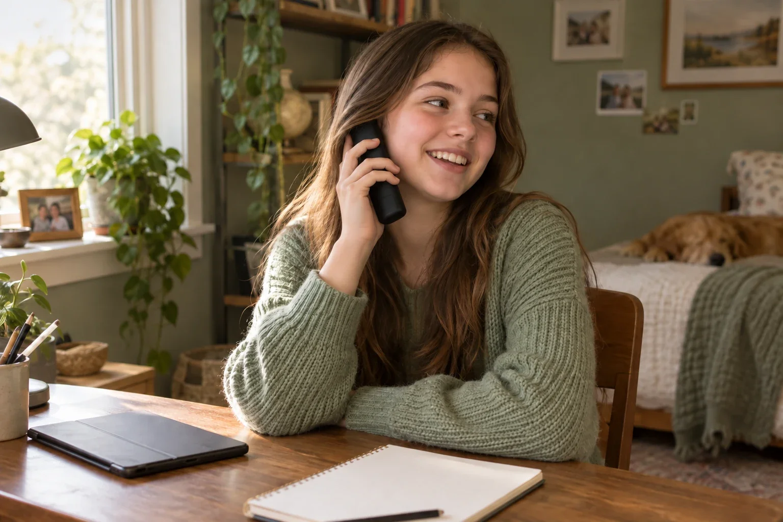 A teenager talking on a cordless home phone at a desk beside a notebook and a closed tablet.
