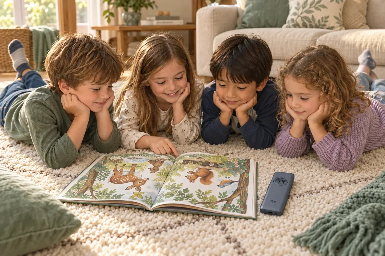 Children gather around a picture book and speakerphone on the floor.