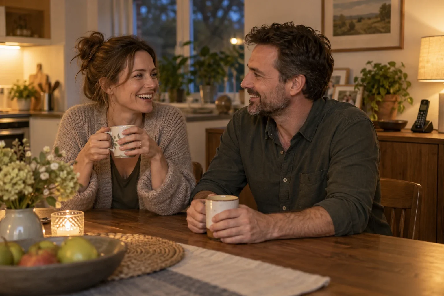 A couple talking over tea at their kitchen table, with a home phone nearby.
