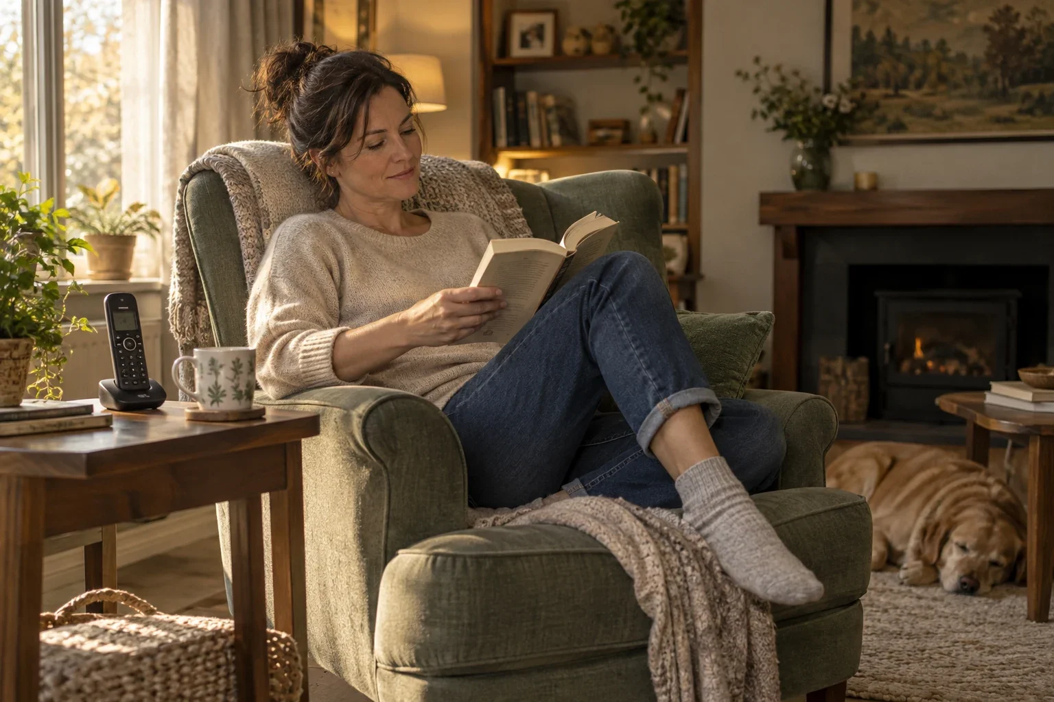 A woman reading in an armchair beside a cordless home phone and a mug of tea.